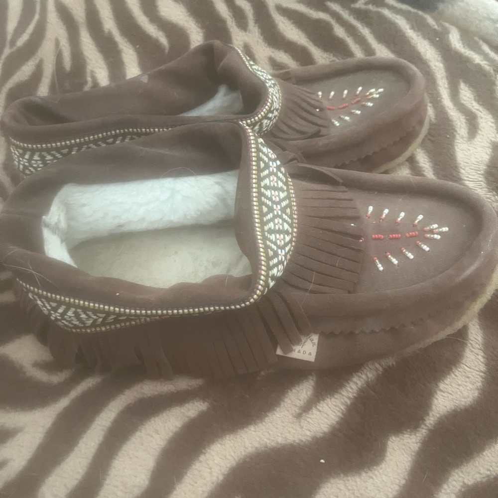 Brown Moccasin Slippers with Fringe